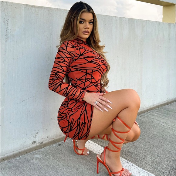 Fashion Nova Mesh It Up Mini Dress Rust w Textured Black Detail - Size M - NWOT - Picture 3 of 9